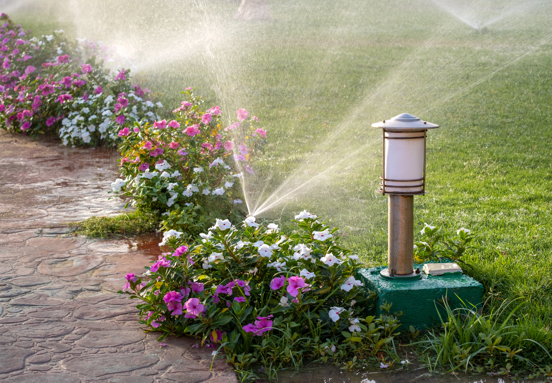 Irrigation system watering grass and flowers
